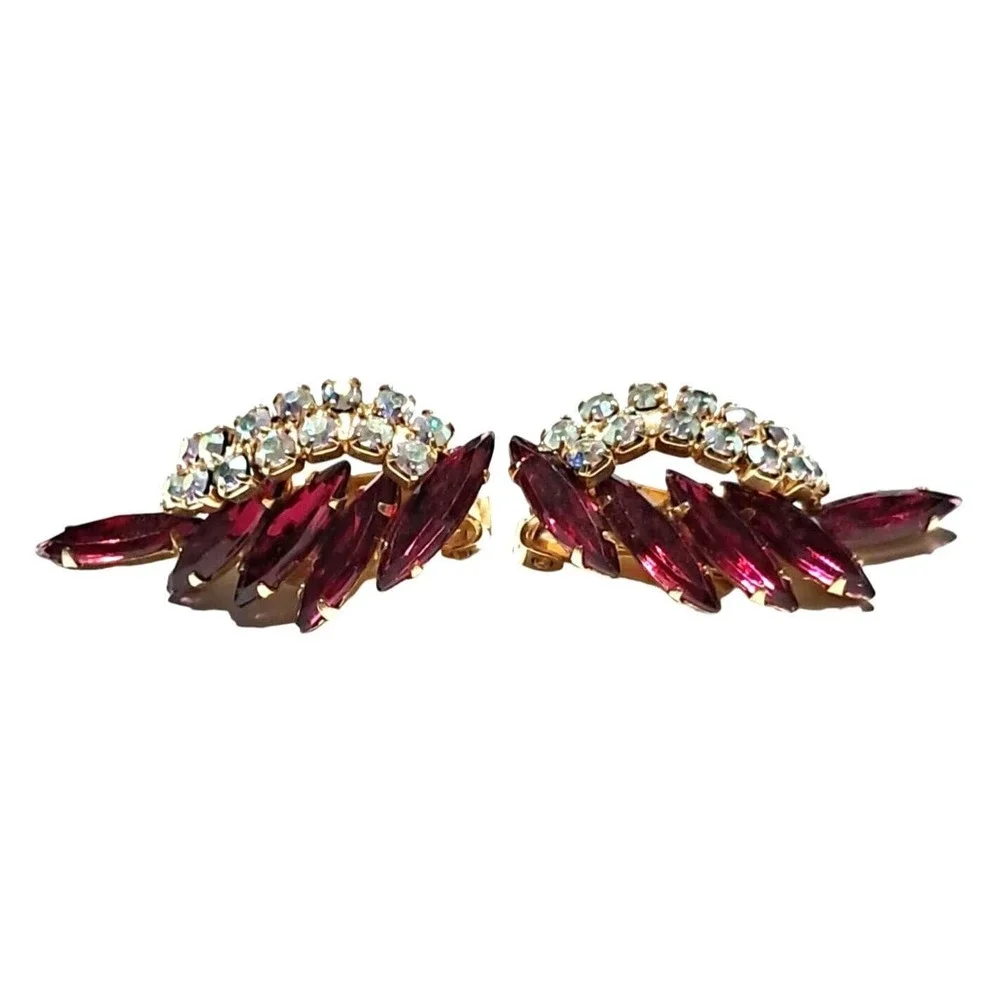 Vintage Pink Rhinestone Earrings with Aurora Borealis Ear Climbers Gold Tone Cli